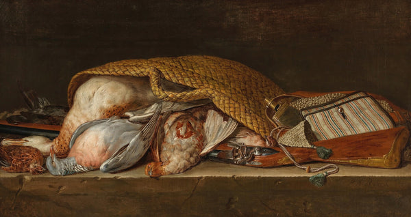 A hunting still life with fowl in a wicker basket 1738