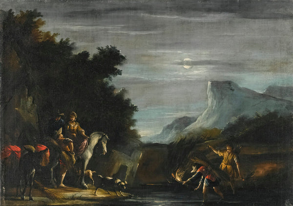 AMoonlit Scene With Travellers Crossing A Stream 17th Century