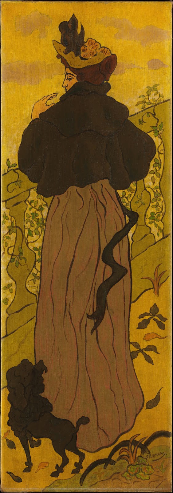 Woman Standing Beside a Balustrade with a Poodle ca 1895