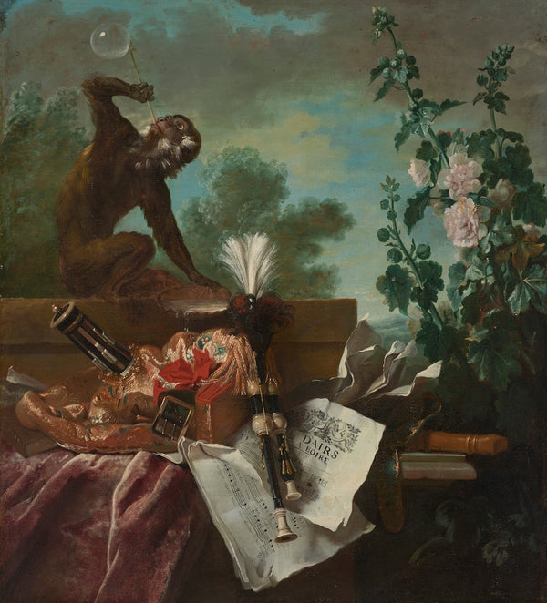 An Allegory of Air a musical still life with a monkey blowing bubbles a musette