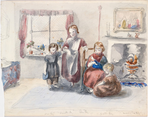 Four Children in an Interior with a Kettle Boiling on an Open Fire 1858