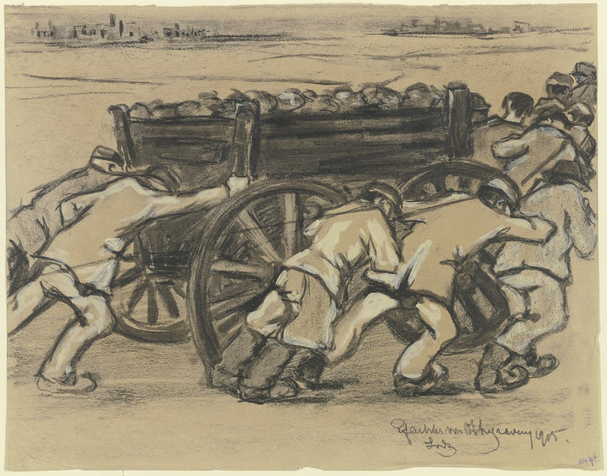 Arbeiter in Lodz schieben eine Karre 1915