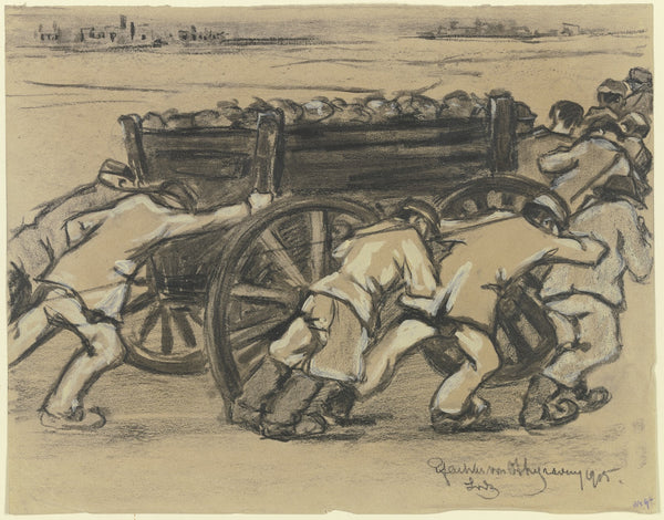 Arbeiter in Lodz schieben eine Karre 1915