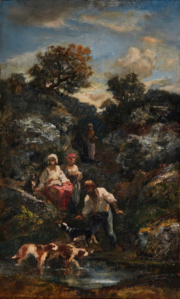 Quatre Bohémiens Et Chiens Une Mare Près De Rochers