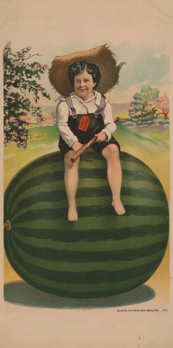 Child in straw hat sitting on a watermelon 1900