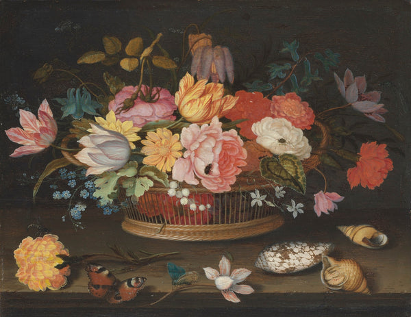 Flowers in a wicker basket on a table 1625