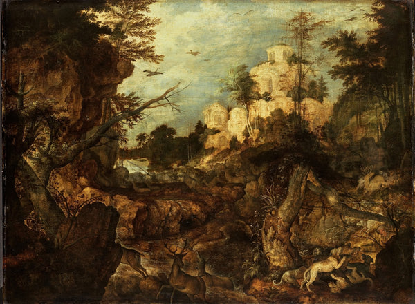 Wild boar hunt in a rocky landscape 1620