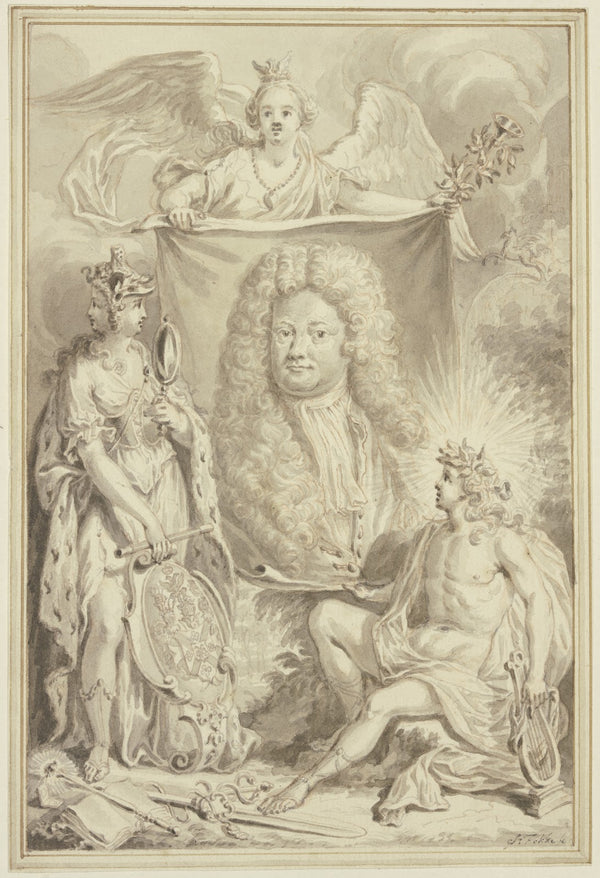 Die Fama entrollt das Bildnis eines Mannes vor Apollo und der Wahrheit ca 1746