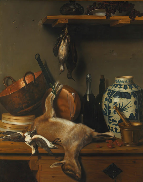 Bodegón Con Cabrito Cazos De Cobre Jarrón De Talavera Y Chichicuilotes 19th Cent