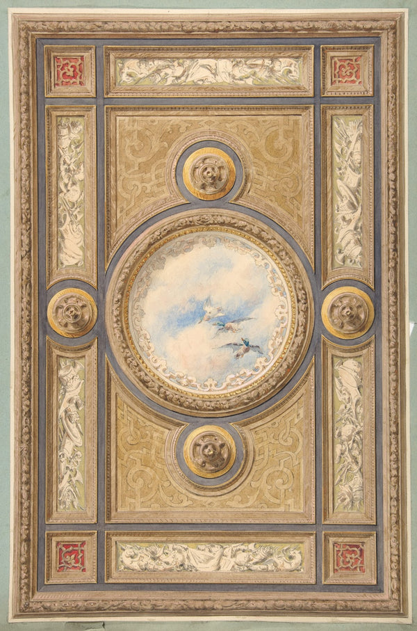 Design for a carved and painted ceiling with clouds and ducks in the central cir