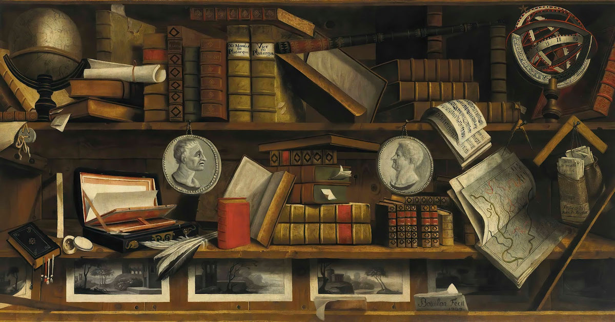 A trompe loeil of a collectors study with engravings drawings letters and books
