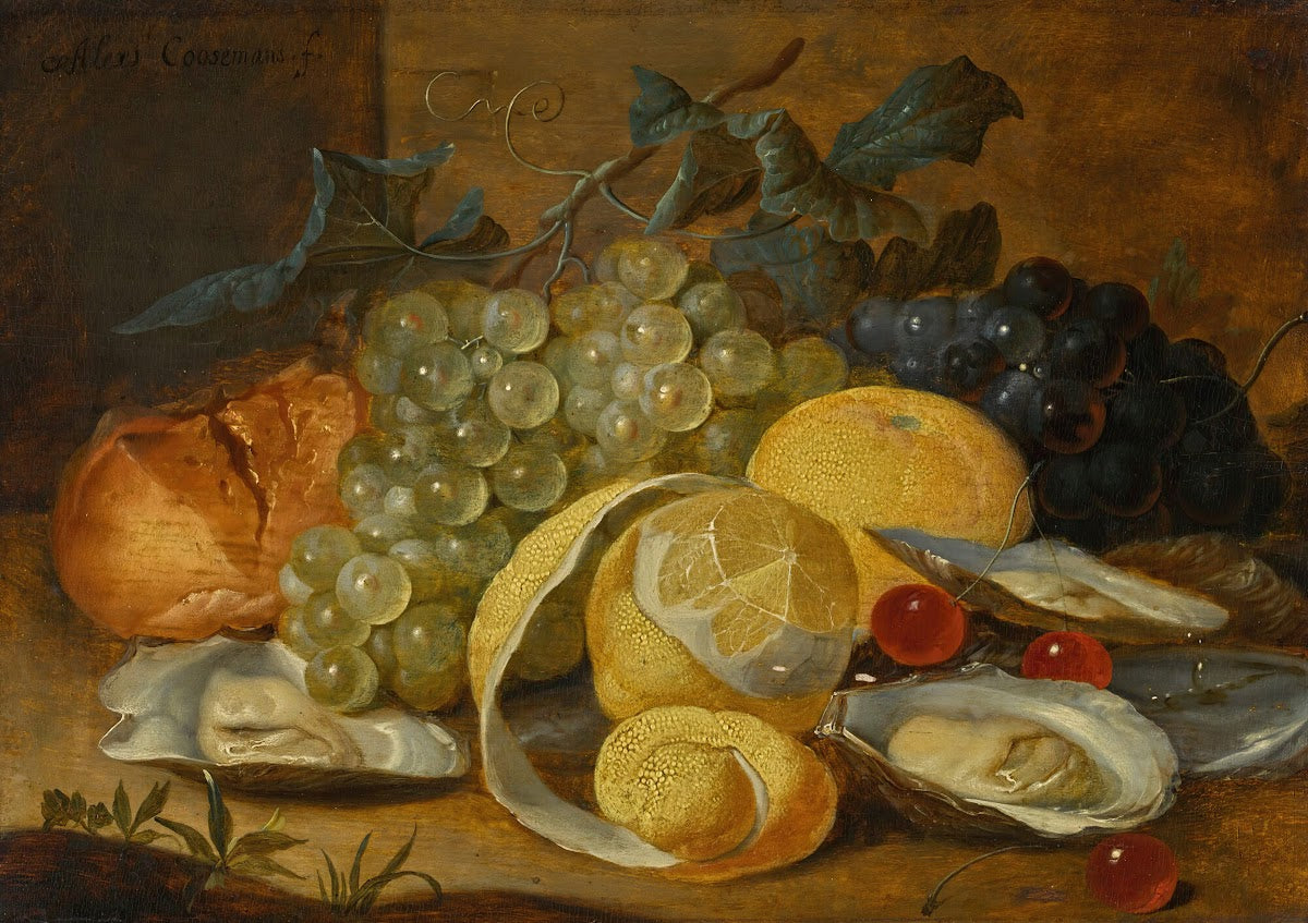 Still life with lemons oysters and cherries