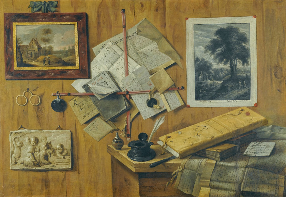 A Trompe Loeil Still Life With A Painted Landscape A Relief And A Mezzotint Of P