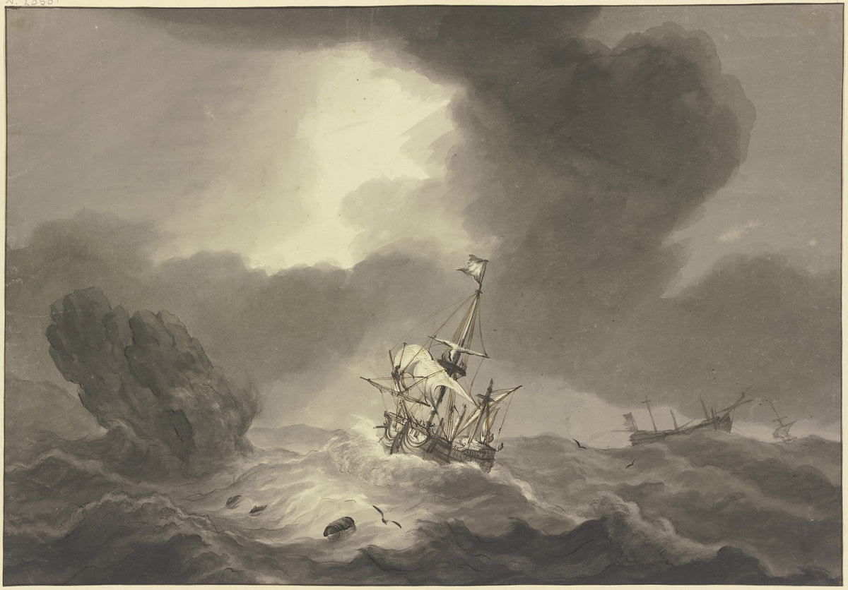 Seesturm rechts ein entmastetes Schiff links ein Felsen an welchem ein Schiff vo