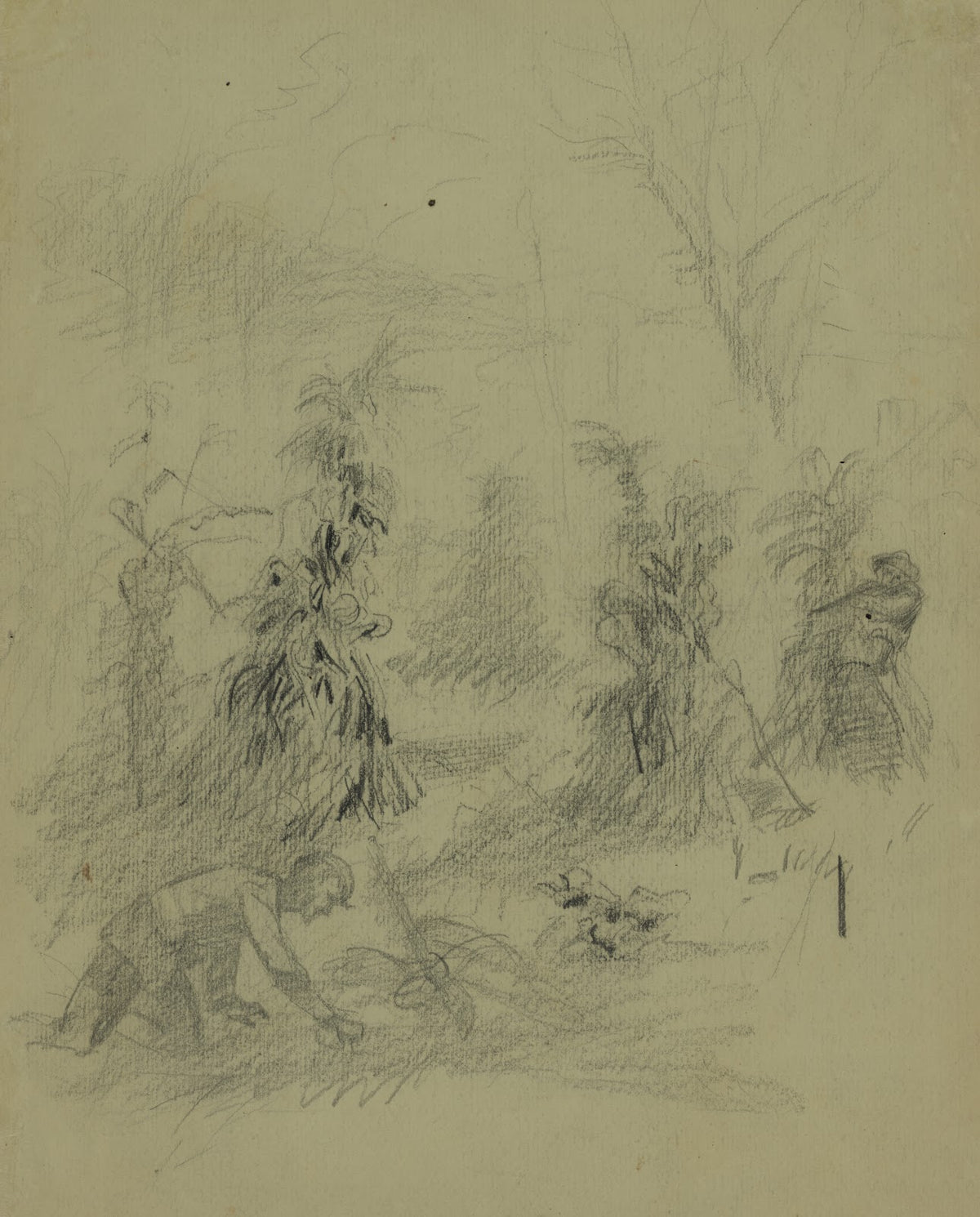 Sniper shooting soldier from behind a corn stack 1860 1865
