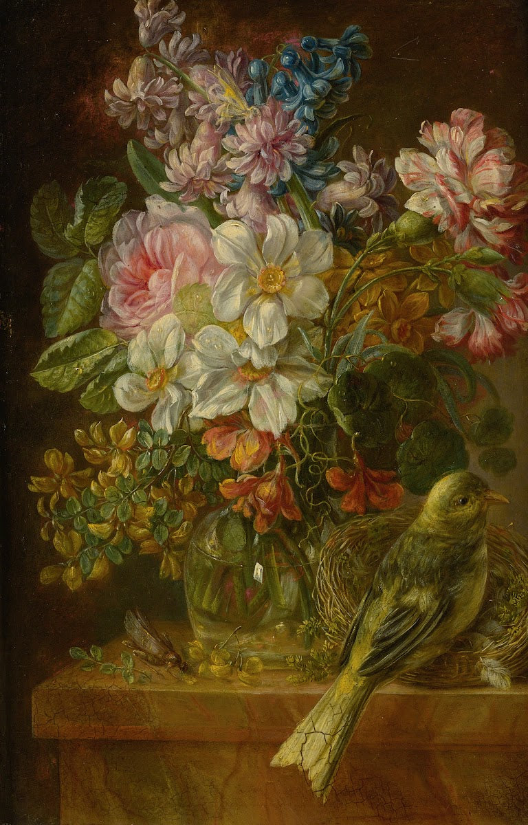 Still Life Of Flowers Bird And Grasshopper On A Ledge 19th Century