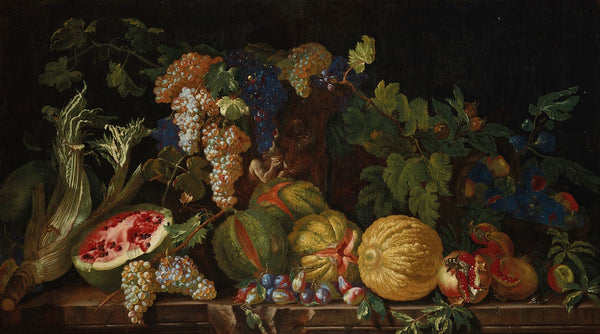 Nature morte aux melons grenades raisins pastèque et autres fruits et légumes su