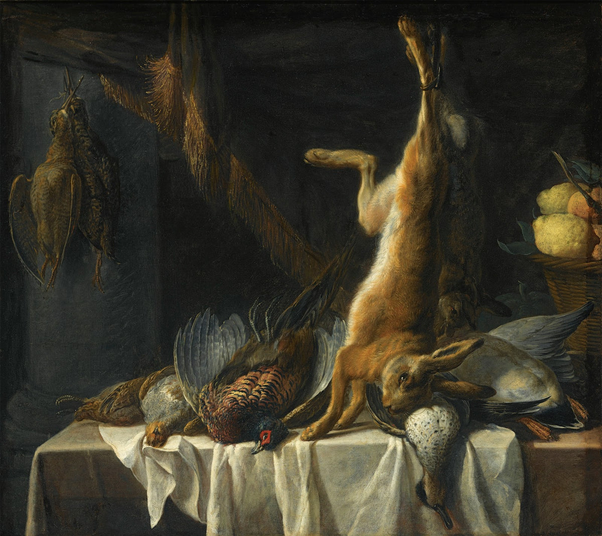 A Still Life With A Dead Hare A Duck A Pheasant And Poultry On A Table Draped Wi