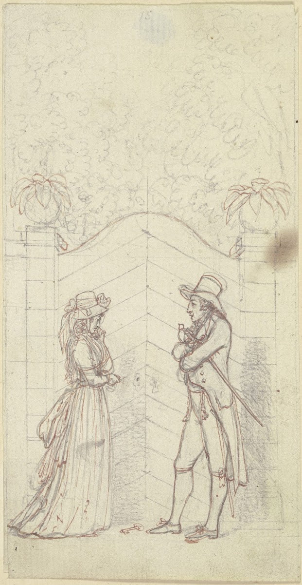 Clarissa und Lovelace vor einer verschlossenen Gartentür ca 1795
