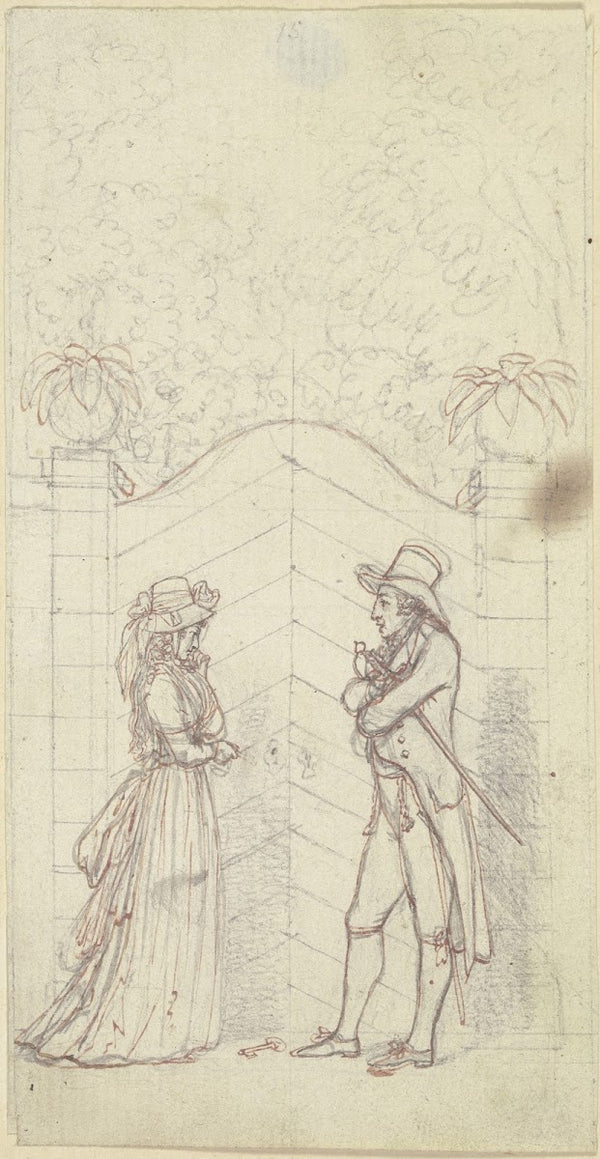 Clarissa und Lovelace vor einer verschlossenen Gartentür ca 1795