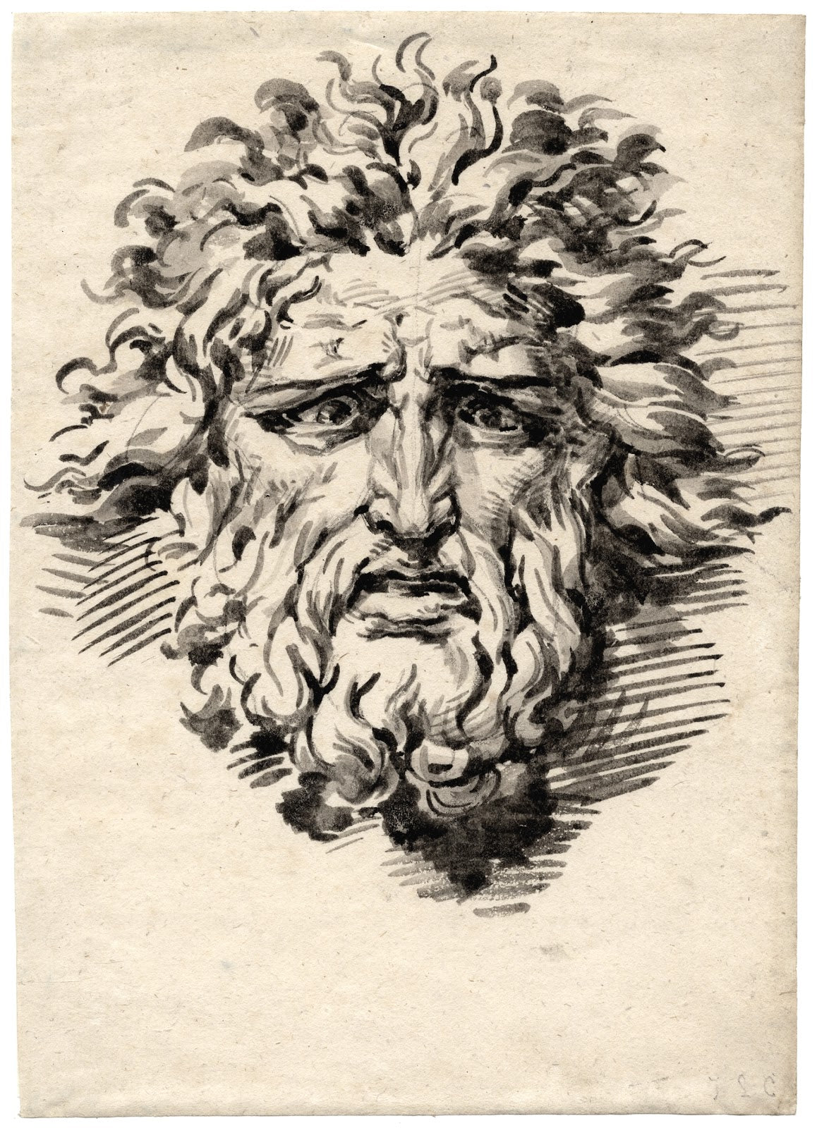 Head of a bearded man with a frightened expression