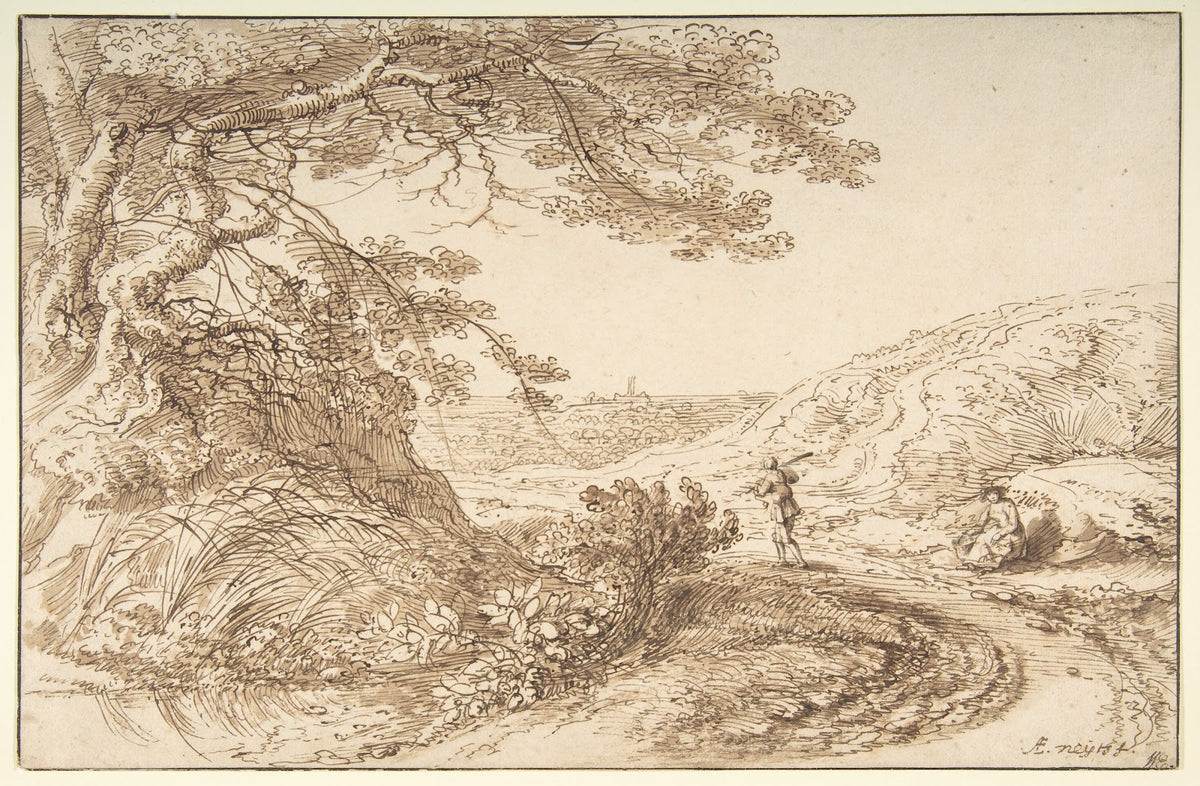 Landscape with old trees and figures 17th century