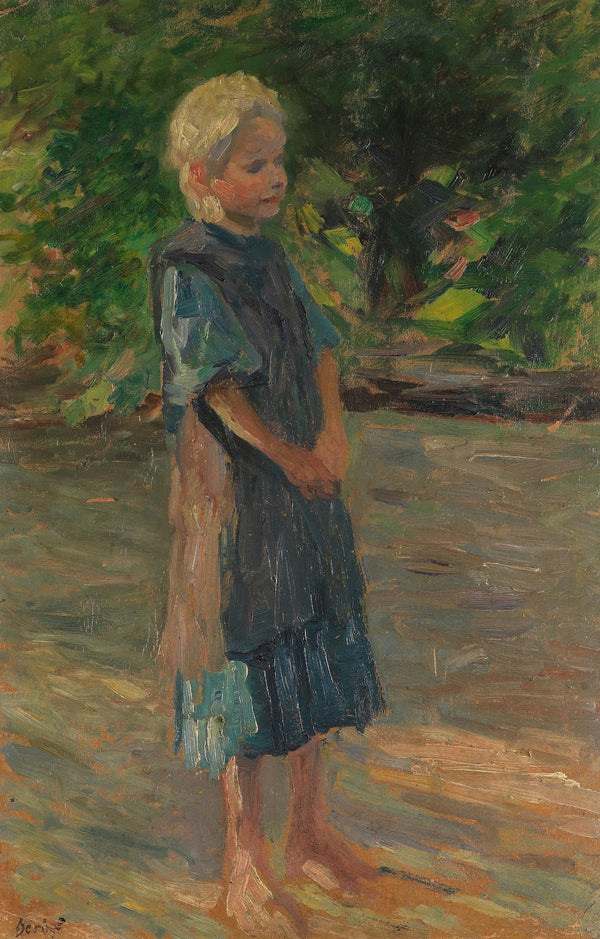 Stehendes Mädchen im blauen Kleid 1900