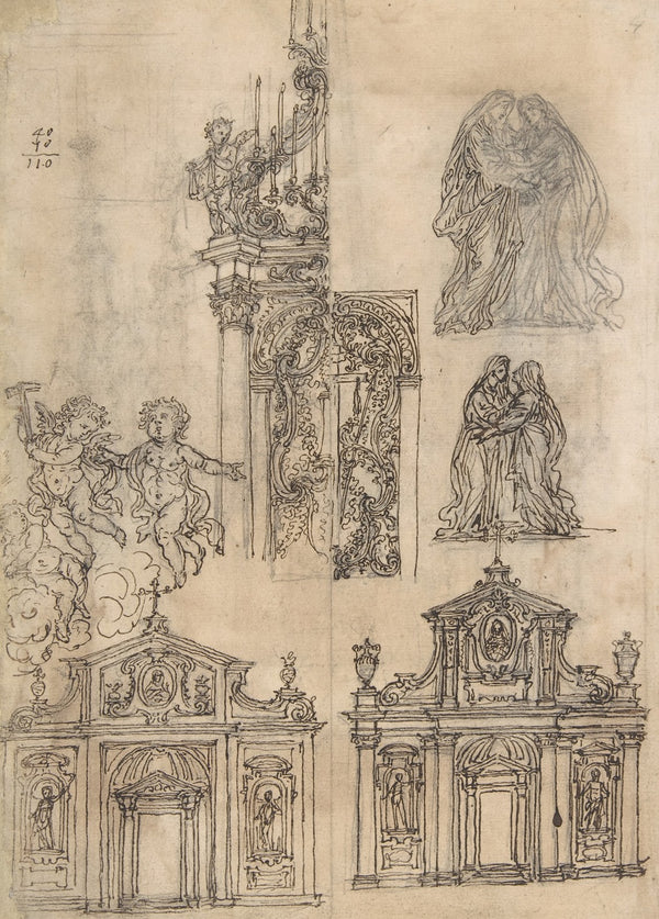A Sheet of Studies with Architectural Motifs and Two Sketches for a Visitation 1