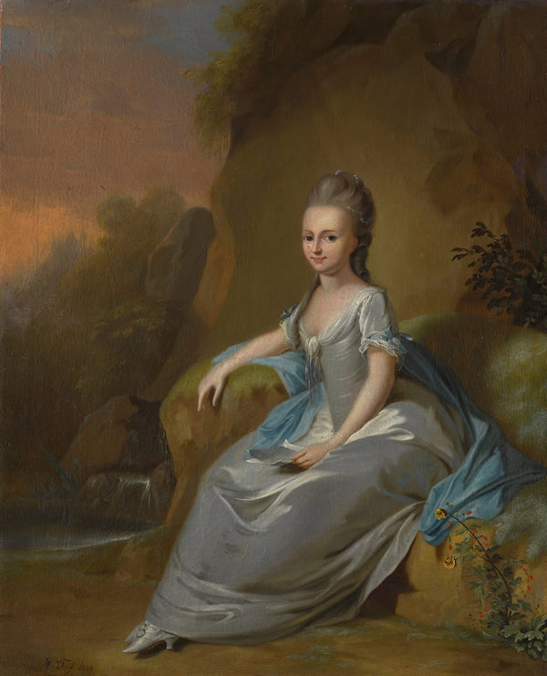 Portrait of elisabeth von breitenbach wearing a blue dress seated in a landscape