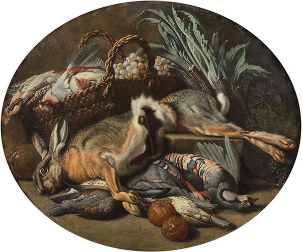 Composition au lièvre oiseaux et panier de fruits et Composition aux poissons et