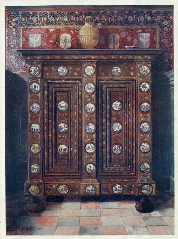 Walnut kas inlaid and with painted medallions of Delft ware 1910 1911
