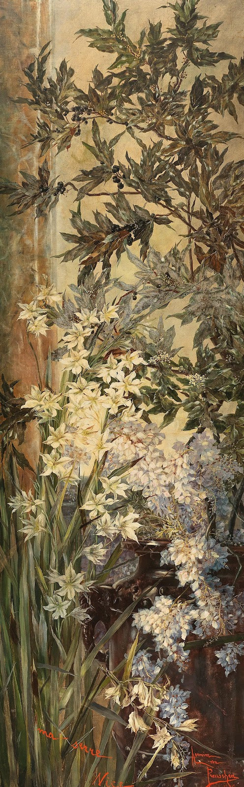 Ma serre Nice Lorbeerzweige und weiße Lilien in einem südlichen Gewächshaus 1890