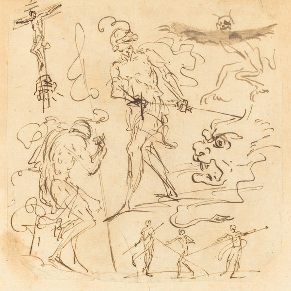 Sheet of Studies with a Soldier Drawing a Sword a Crucifix Monstrous Animals and