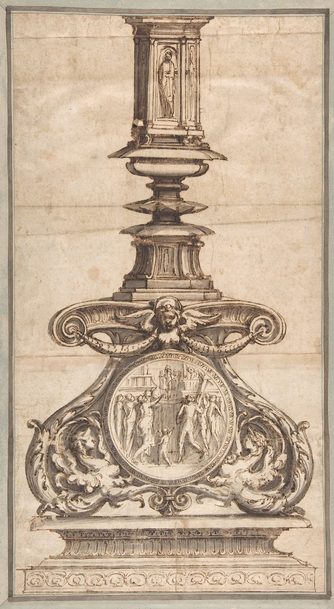 Design of a Candlestick with Winged Figures at Base Surrounding Scenic Medallion