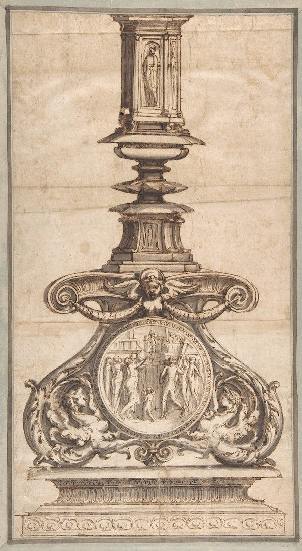 Design of a Candlestick with Winged Figures at Base Surrounding Scenic Medallion