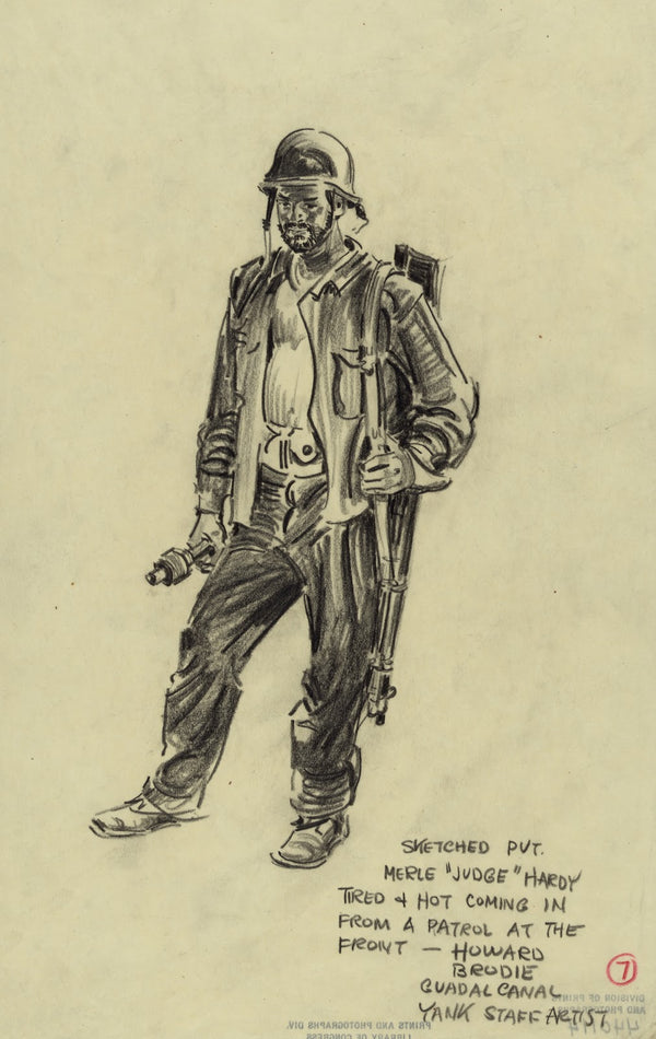 Sketched Pvt Merle Judge Hardy tired hot coming in from a patrol at the front 1