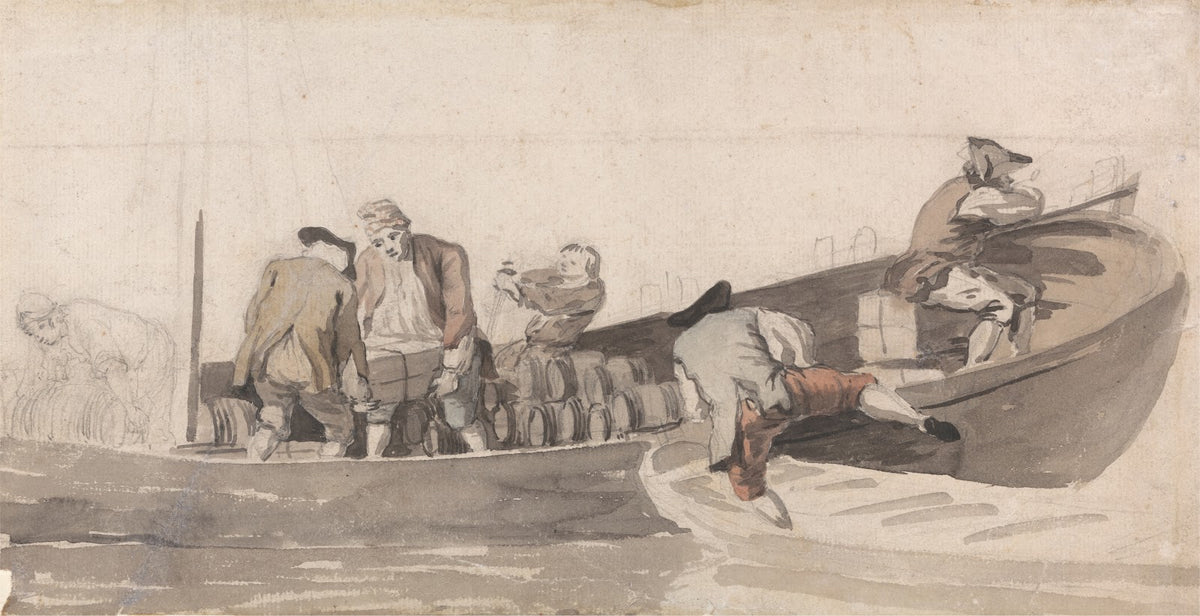Men Loading a Boat with Barrels