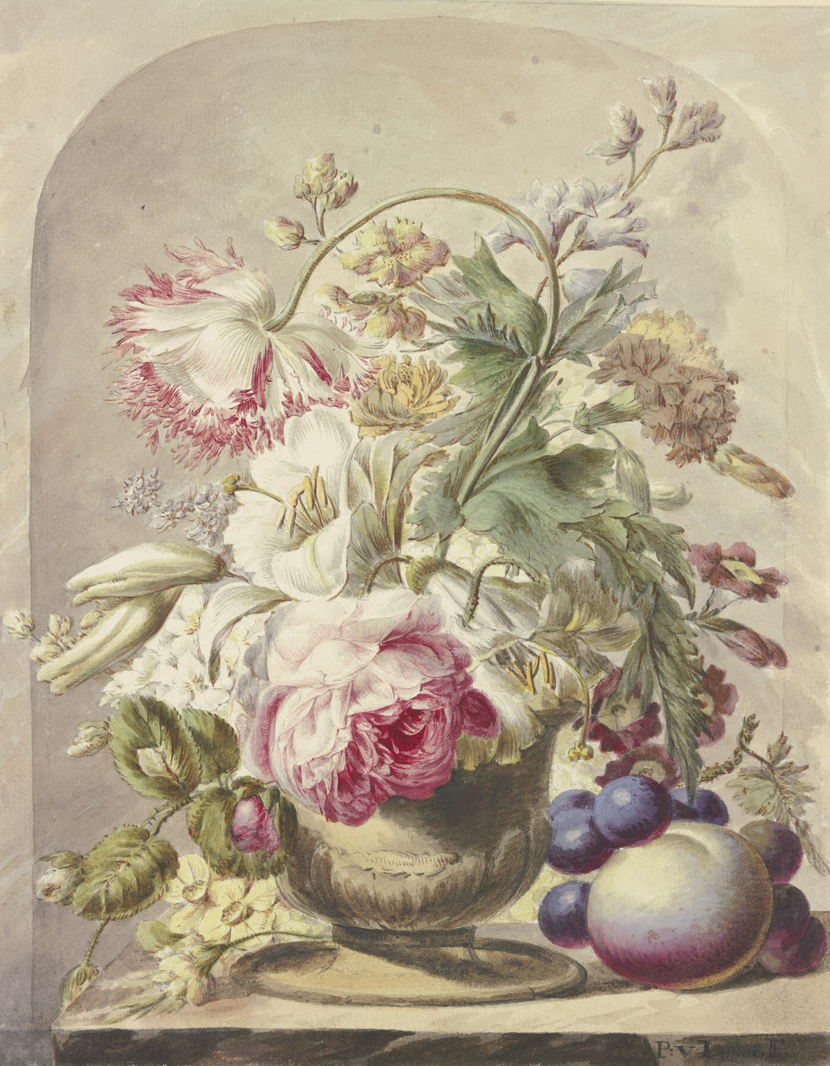 Bouquet In Einer Vase Vorne Rechts Ein Pfirsich Und Einige Trauben