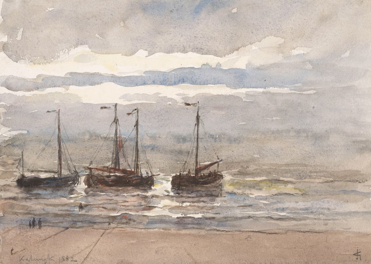 Vissersschepen op het strand van Katwijk bij opkomende vloed 1882