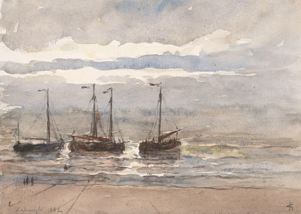 Vissersschepen op het strand van Katwijk bij opkomende vloed 1882