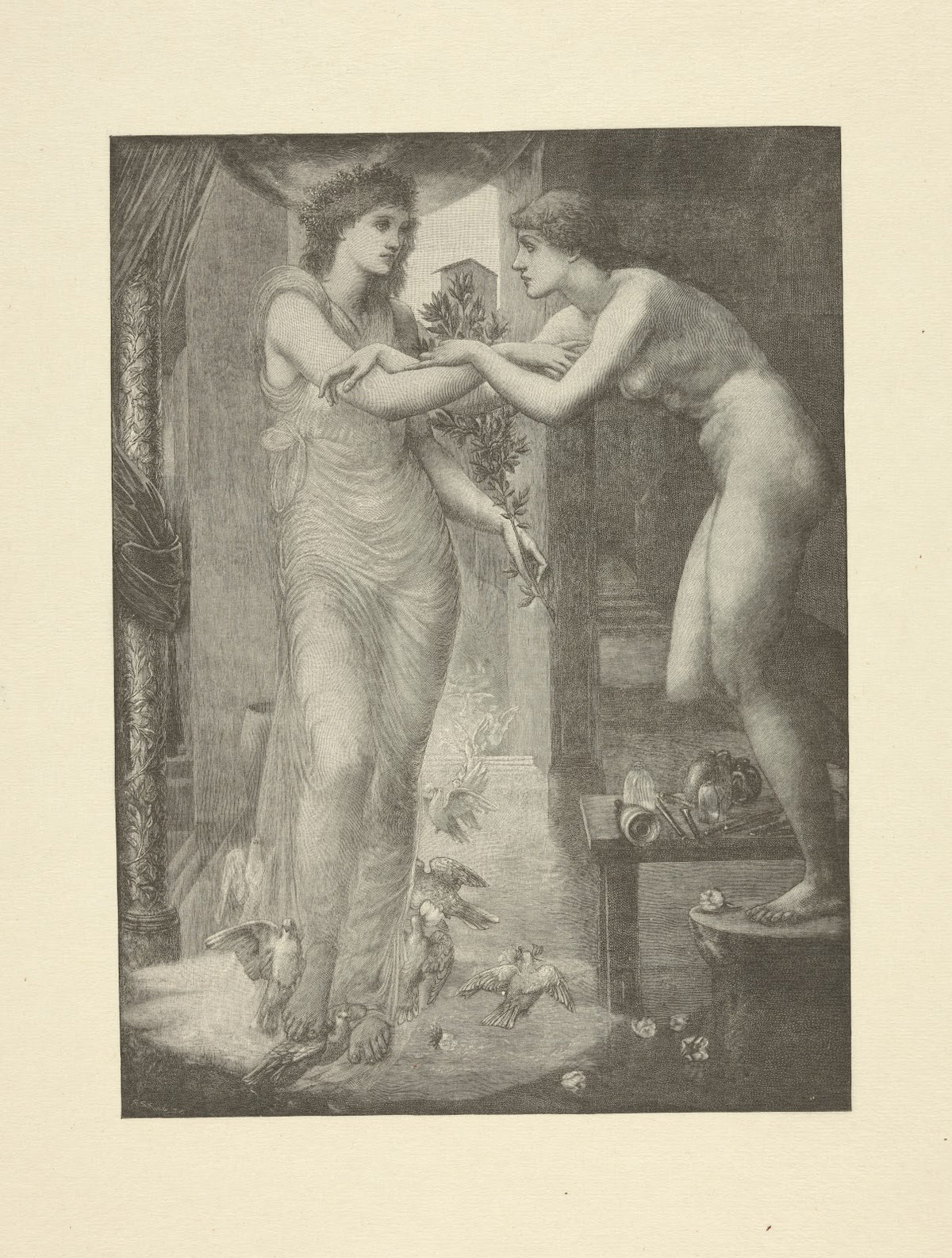 Nude woman stands on stool arms locked with woman beside her clothed in sheer dr