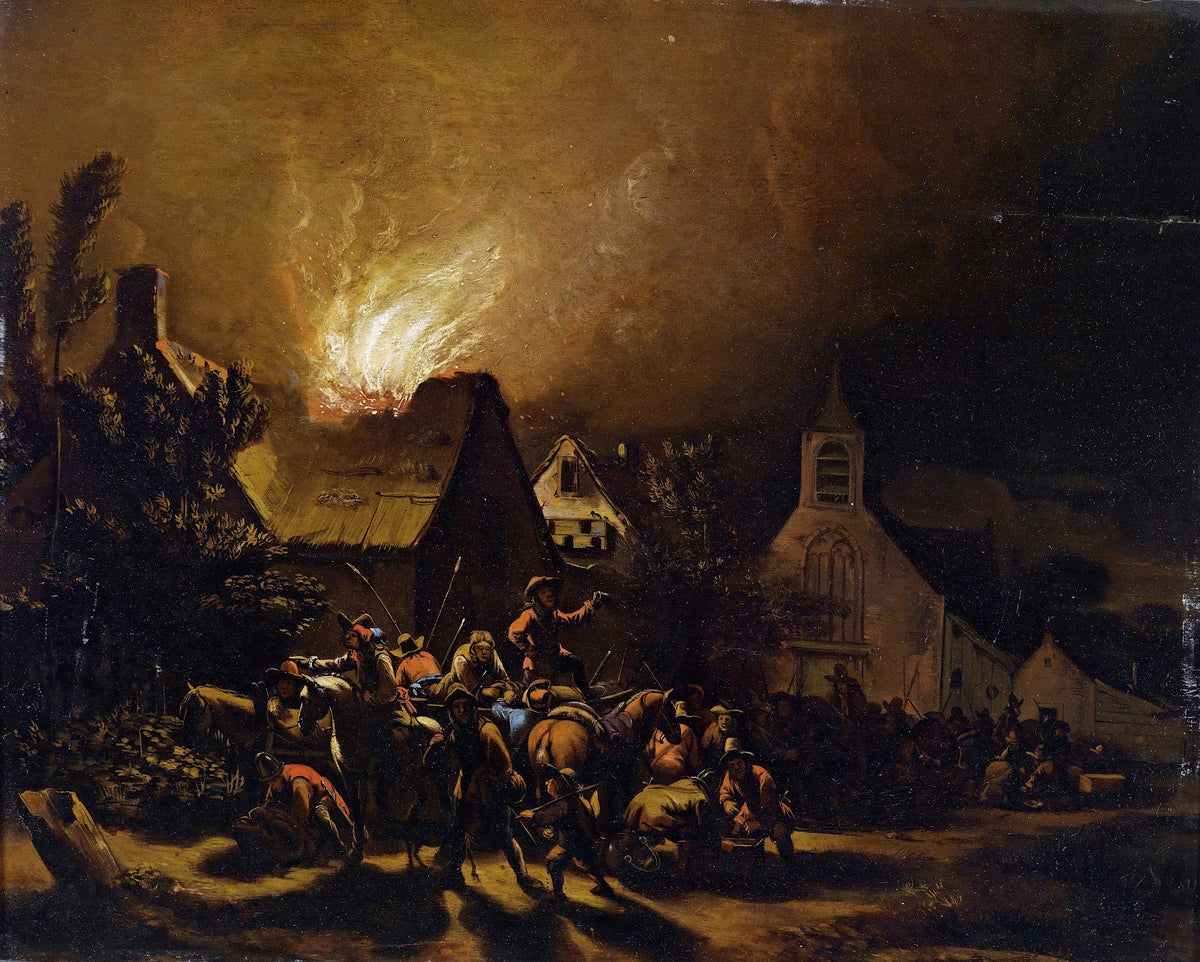 Marodeure vor einem brennenden Dorf