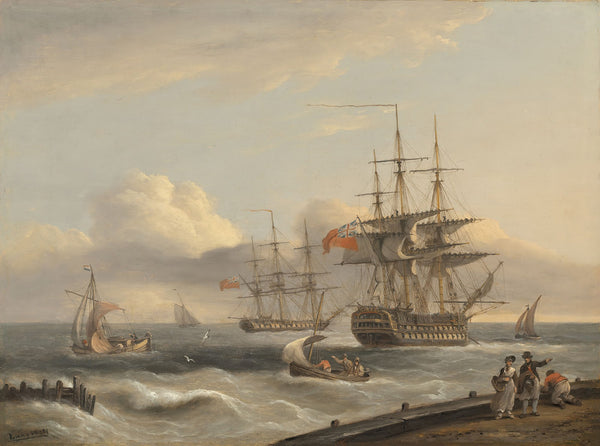 A British 74 unfurling its sails as it prepares to leave the anchorage with a fr