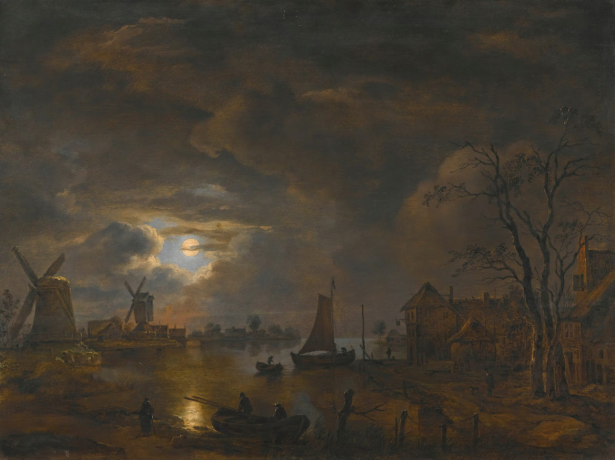 A Moonlight Landscape With Windmills Along The Banks Of A River