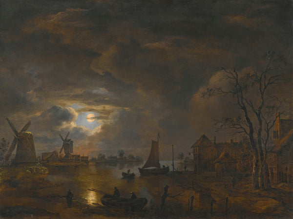 A Moonlight Landscape With Windmills Along The Banks Of A River
