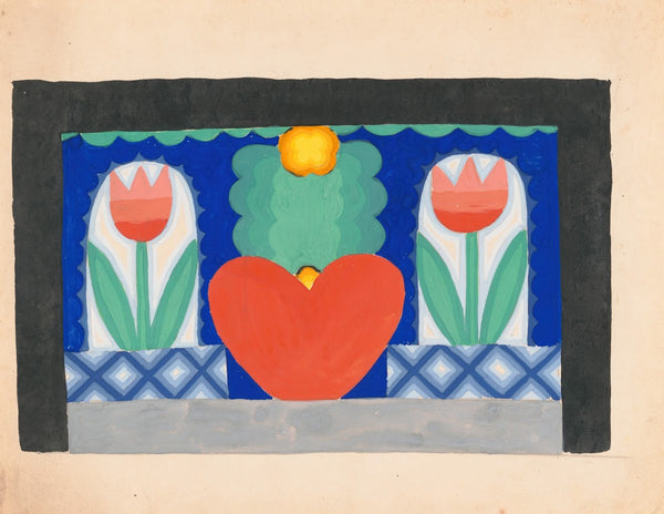 Designs for theater with black framed proscenium and boldly colored settings Stu