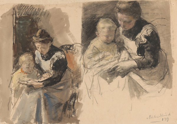 Twee studies van een dienstmeid die een jongetje aan haar schoot leert lezen 187