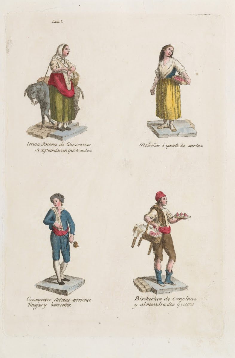 Plate 7 four street vendors from Madrid selling eggs straweberries containers ci