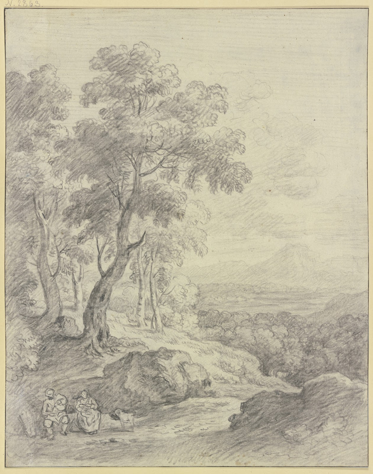 Landscape with a view of a mountain range a man and his wife sitting on a slope