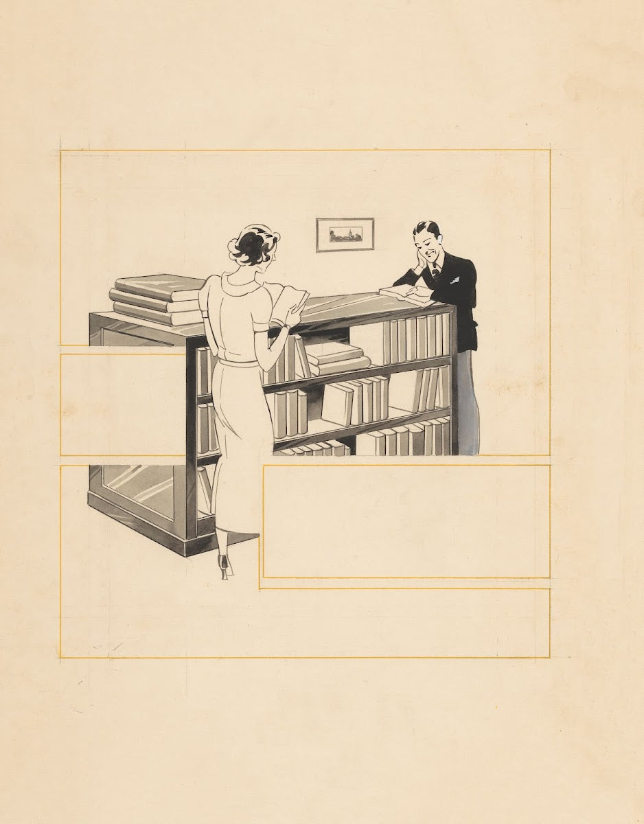 Lezende man en vrouw bij een boekenkast 1930 1945